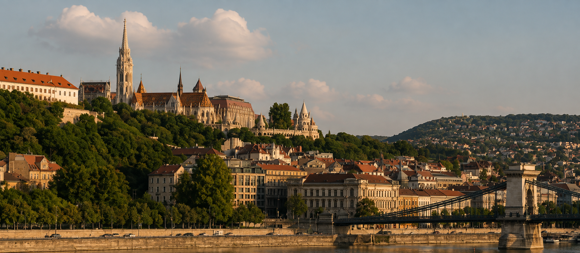 Buda Castle District in Budapest, Hungary, featuring Matthias Church, Fisherman’s Bastion, the Chain Bridge, and the Danube riverfront in golden-hour light.