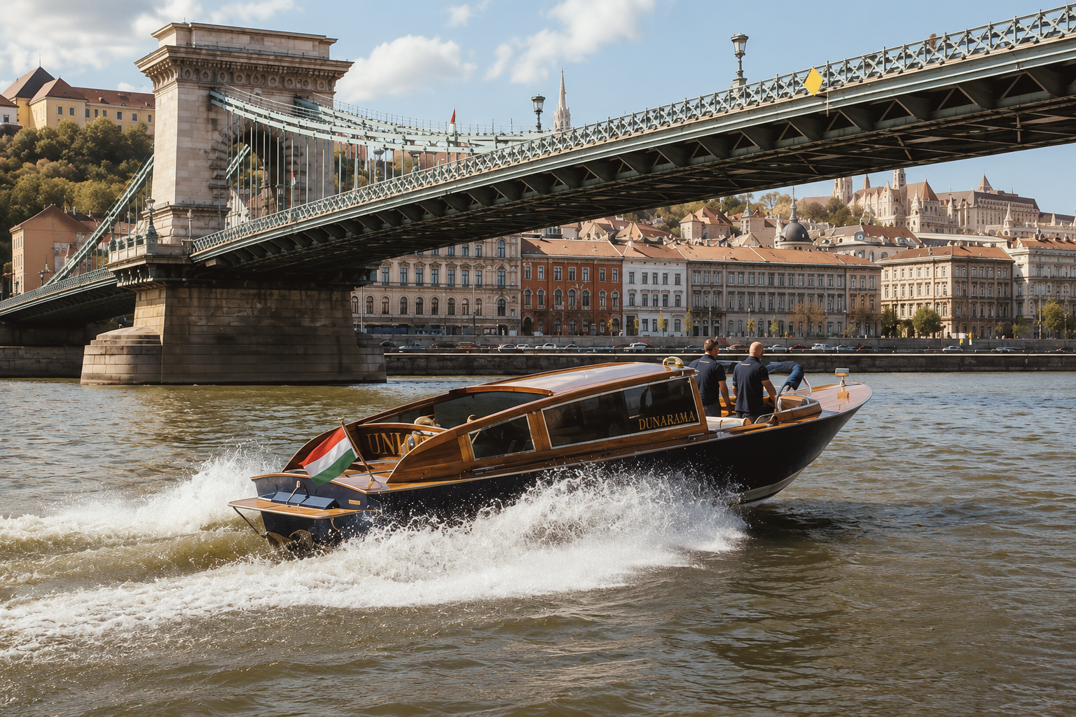 Private boat cruise on the Danube River in Budapest, Hungary, with views of the Hungarian Parliament, historic bridges, and illuminated riverfront.