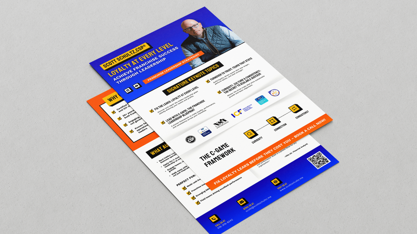 A multi-page promotional flyer for Scott Schultz, a franchise leadership strategist, featuring a blue header with his photo and logo, and colorful sections outlining key topics and contact information.