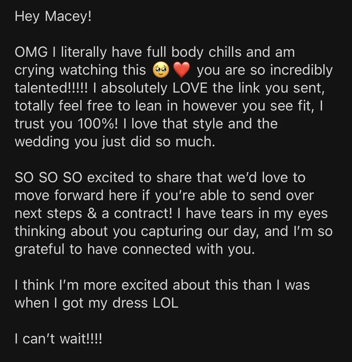 Screenshot of a social media message from a client testimonial expressing excitement about a wedding dress, including emojis and enthusiastic language.