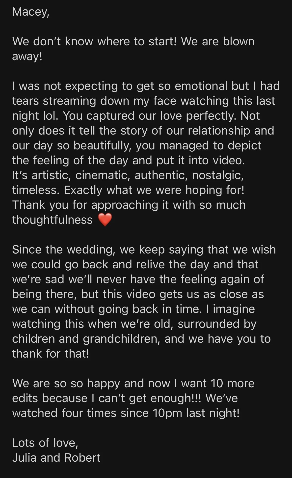 Screenshot of a heartfelt message expressing feelings about a wedding video and the emotional impact it had on the couple