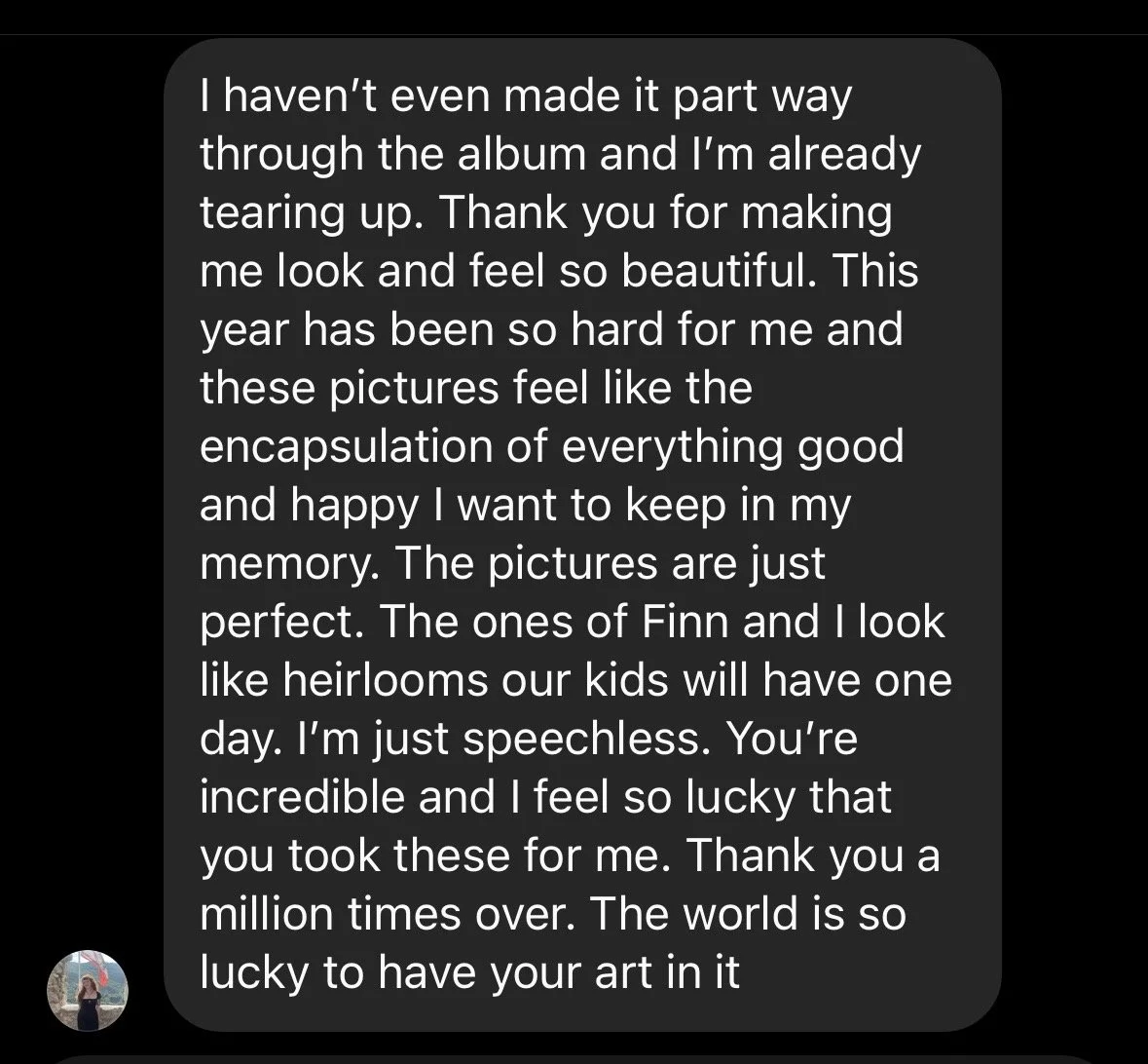 Screenshot of a heartfelt message from a client testimonial expressing gratitude for artwork and capturing meaningful memories.