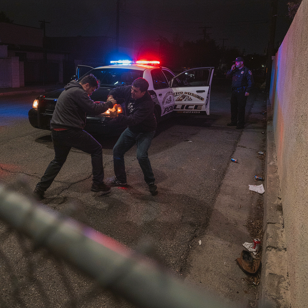 Two men fight on the street near a police car with flashing red and blue lights at night, with a police officer standing nearby on a phone call.