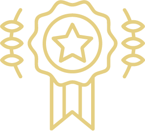 Gold award ribbon with a star in the center and decorative side ribbons.