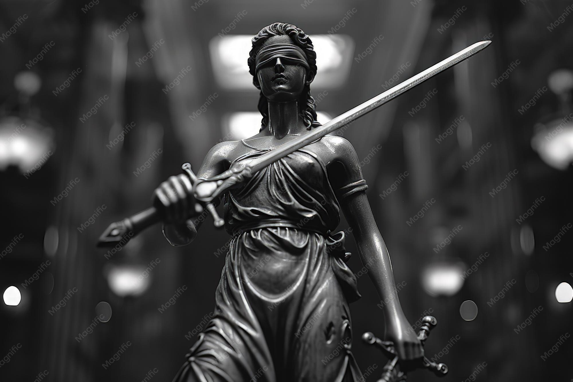 Black and silver statue of Athena with a sword, wearing a blindfold, in a museum display.