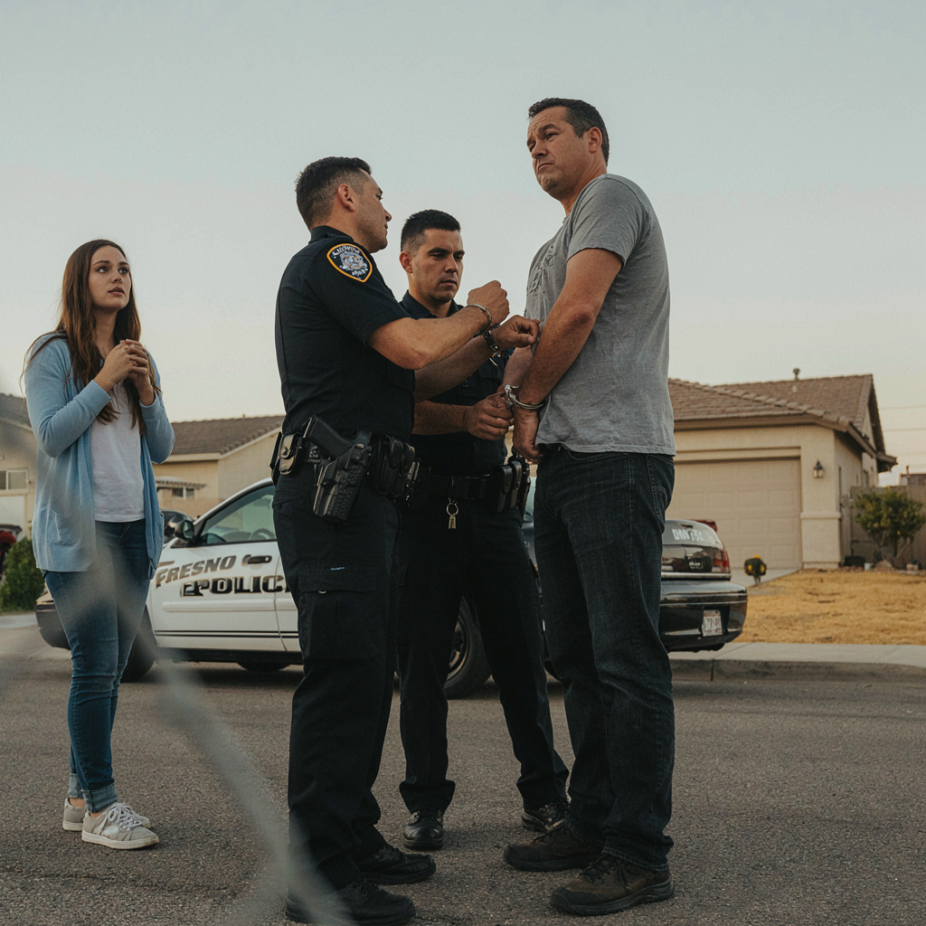 A man is being handcuffed by police officers while a woman looks on with concern in a residential neighborhood.