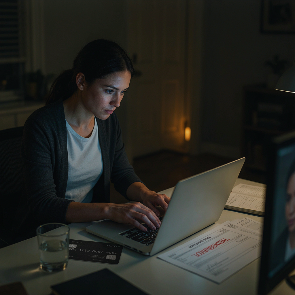 Woman committing an online scam using a fake ID.