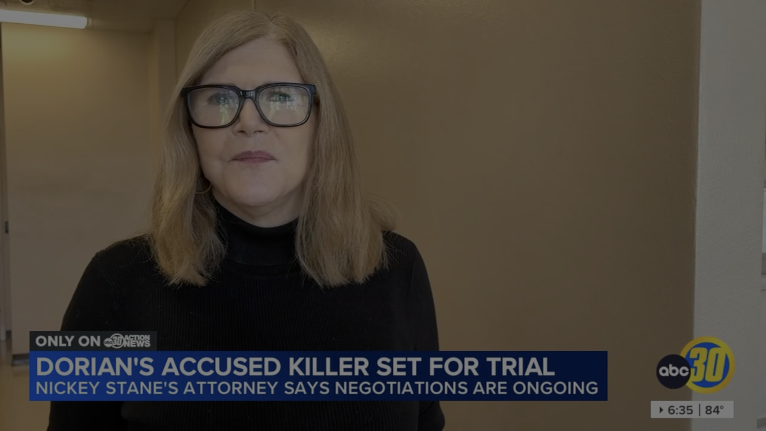 News anchorwoman on ABC30 reporting about Dorian's accused killer set for trial.
