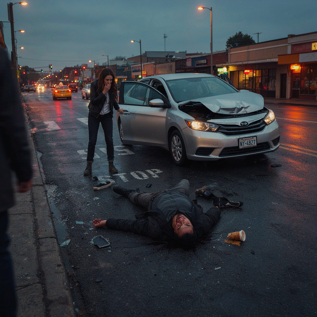 A car accident scene on a wet city street shows a silver vehicle with front-end damage and an open driver's side door. A man is lying unconscious or injured on the road near the car, with debris and a coffee cup spilled nearby. A woman stands nearby, covering her mouth in shock or concern, while another person is partially visible on the left. Several cars are seen in the background on a rainy evening.