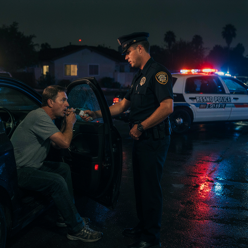 A police officer issues a field sobriety test to a man sitting in a car at night with flashing police lights in the background.