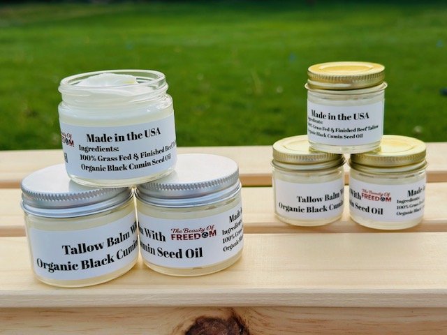 Black cumin tallow balm made with organic oil and grass-fed beef tallow for skin balance