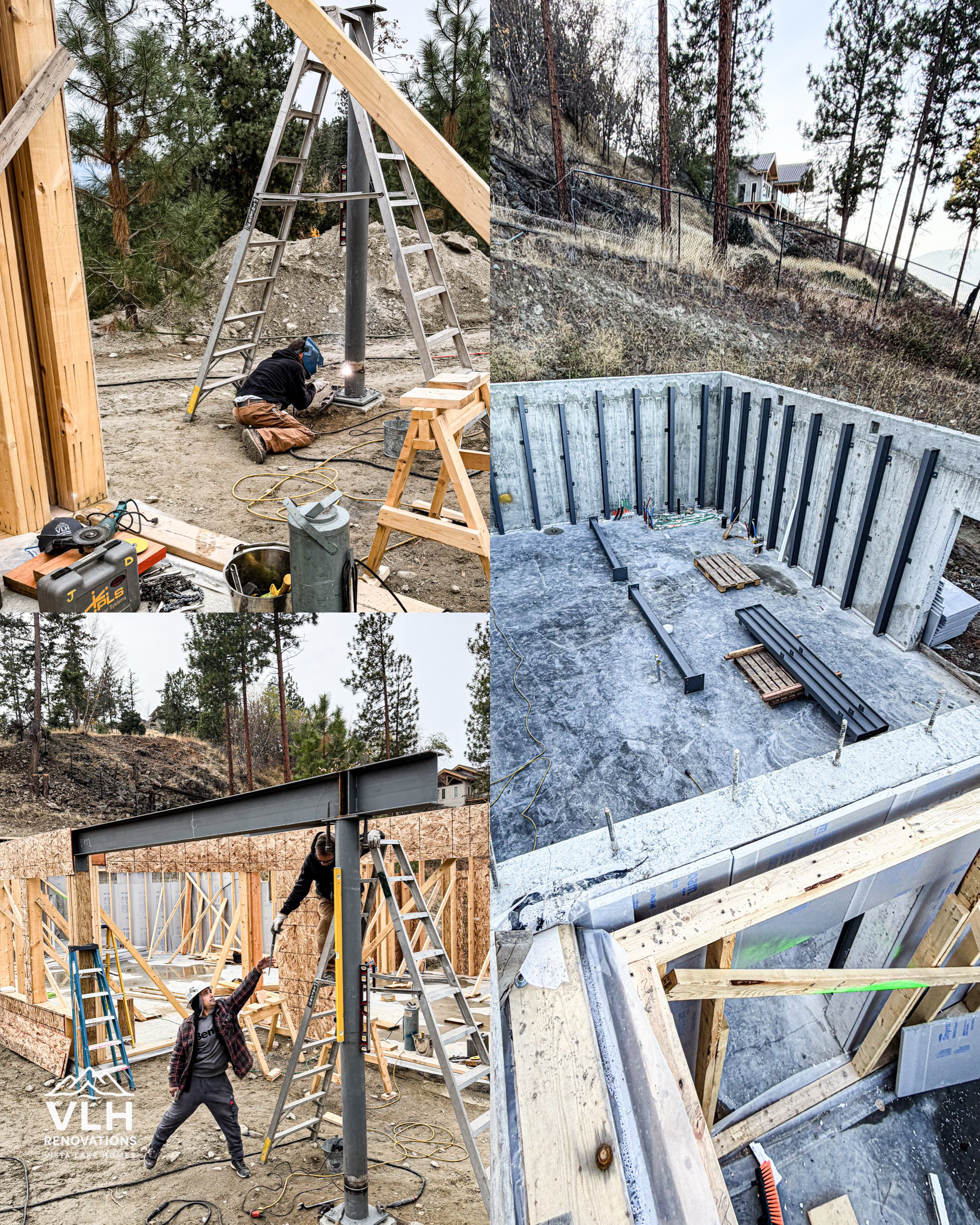Construction site with workers assembling structural steel beams and framing a building, surrounded by trees and a mountainous landscape.