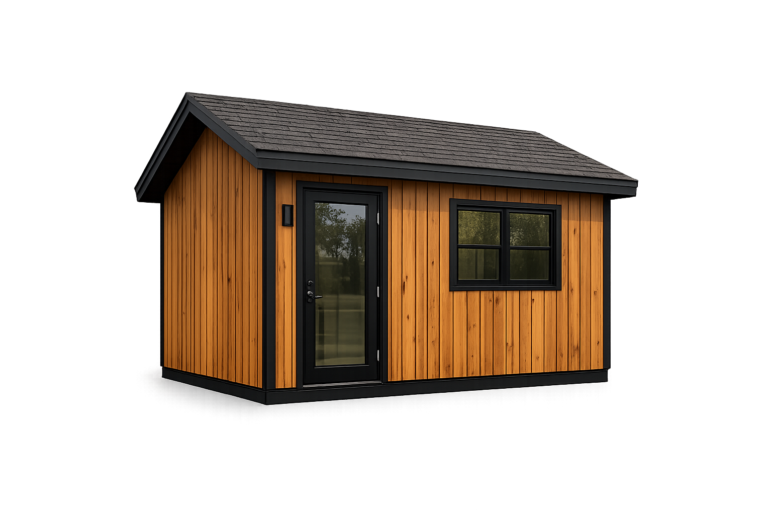Small wooden tiny house with black trim, a black door with glass pane, and a black-framed window on the side, set against a plain grey background.