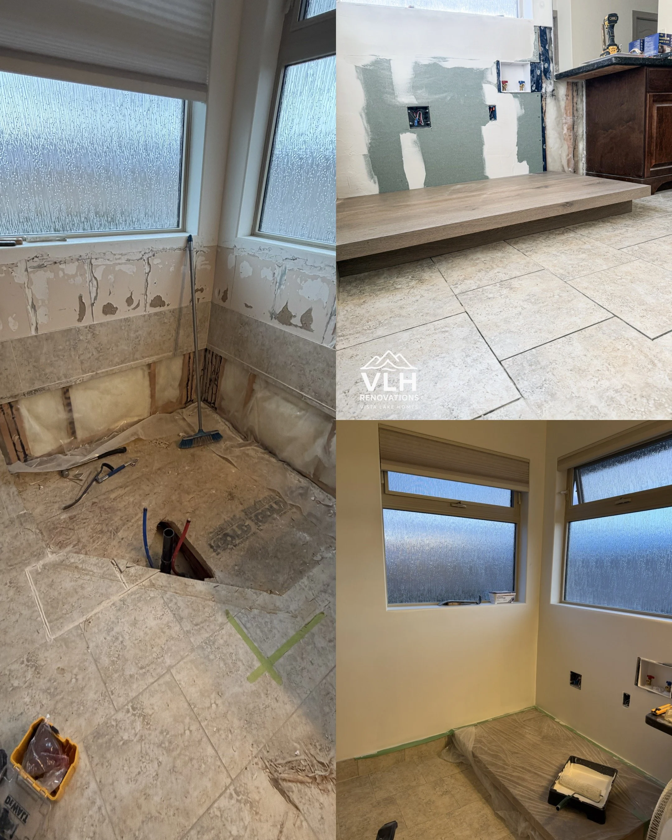 Photos showing progress of kitchen renovation, including wall and floor work, with new tiles and cabinets installed.