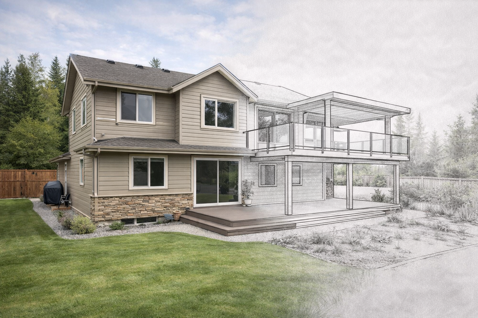A two-story house with a patio and a deck, with the right side shown as a wireframe sketch overlay.