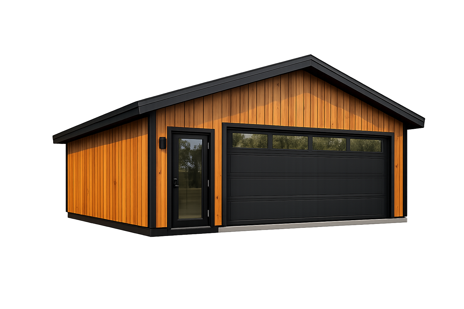 A small wooden garage with black trim and a glass-paneled door, situated on a concrete driveway, with trees reflected in the windows.