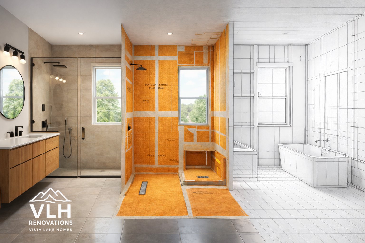 Progress of bathroom renovation with a side-by-side view: the left shows a finished bathroom with a vanity, mirror, and shower, while the right shows a sketch of the same space during construction with framing and tile layout.