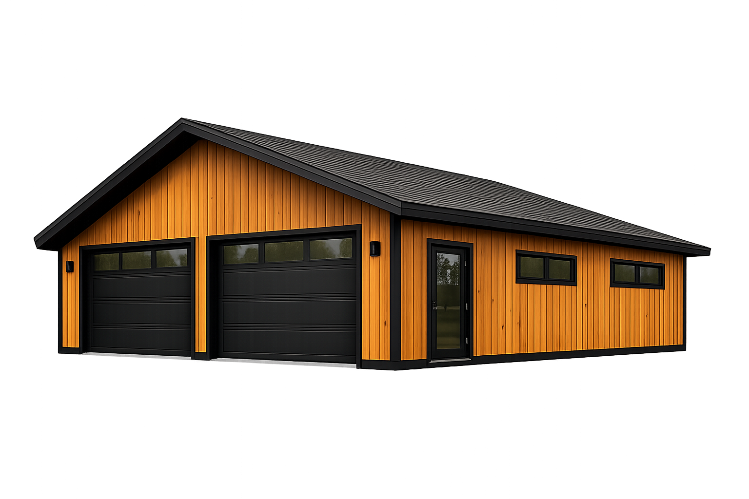 A modern detached garage with dual black garage doors, vertical wooden siding, a side entry door, and three narrow horizontal windows, under a dark gray gabled roof.