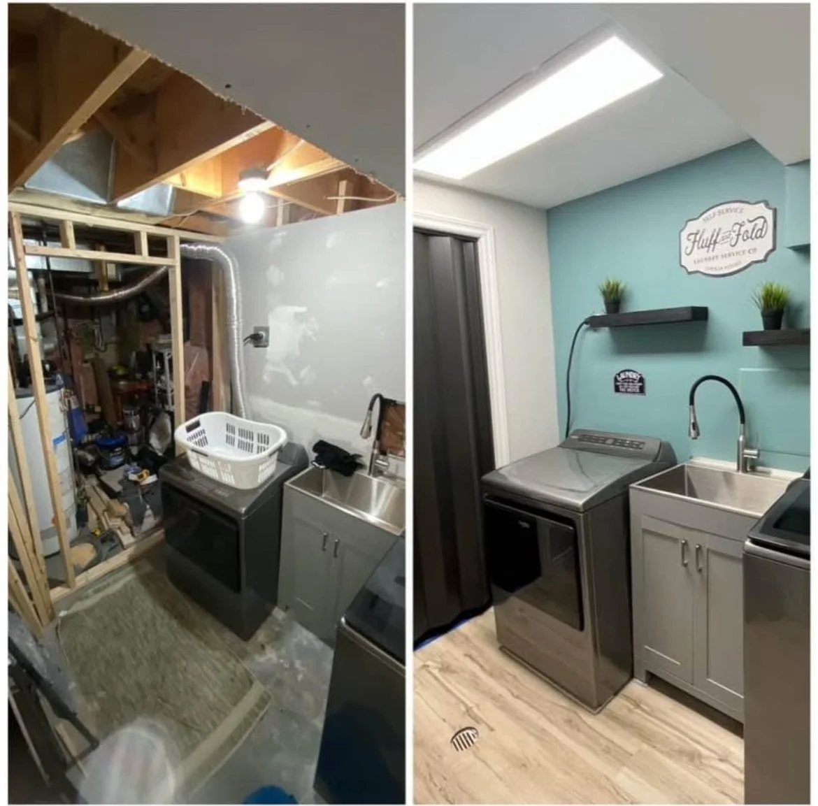 Comparison of unfinished and finished laundry room. Left side shows cluttered, under-construction space with exposed framing, tools, and basement ceiling, while the right side displays a clean, modern laundry area with a teal wall, shelves, and neat appliances.