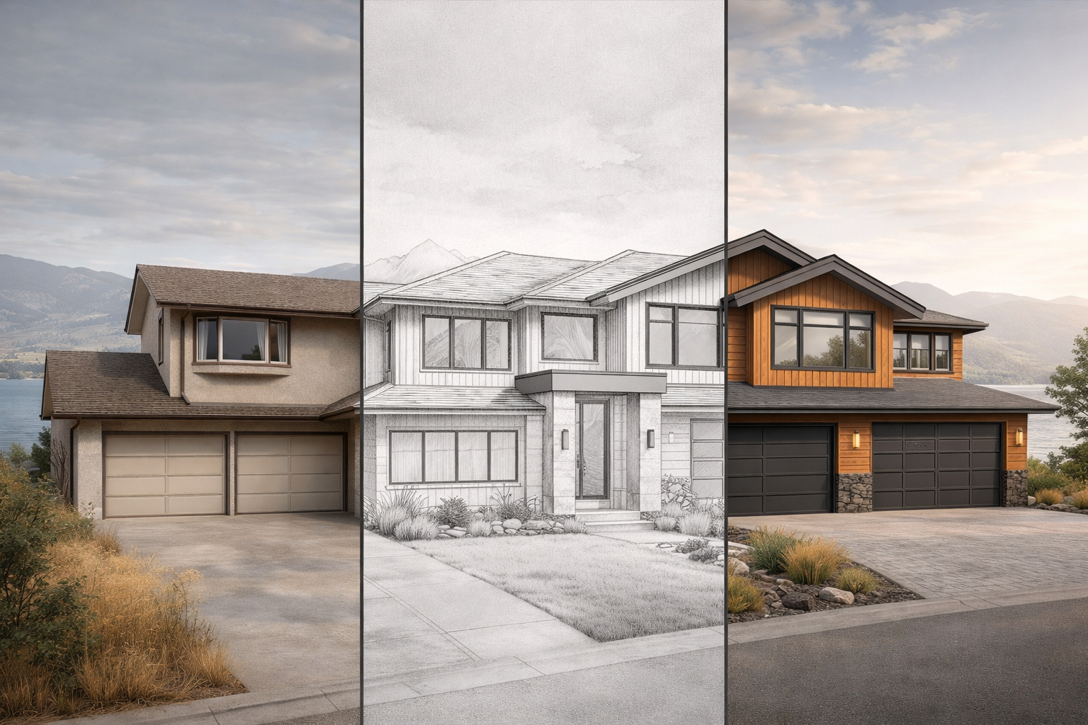 A house with a driveway, trees, and a lake in the background, shown in three stages: full color photo on the left, black and white pencil sketch in the center, and a finished colorful rendering on the right.
