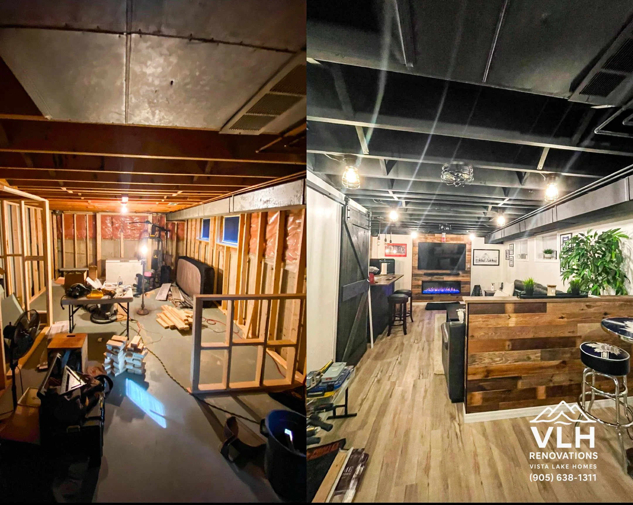 The image shows a split view of two different basement renovations. The left side depicts an unfinished basement with exposed wooden framing, construction tools, and materials. The right side displays a finished basement with a cozy living area, fireplace, TV, and decorated walls and plants.