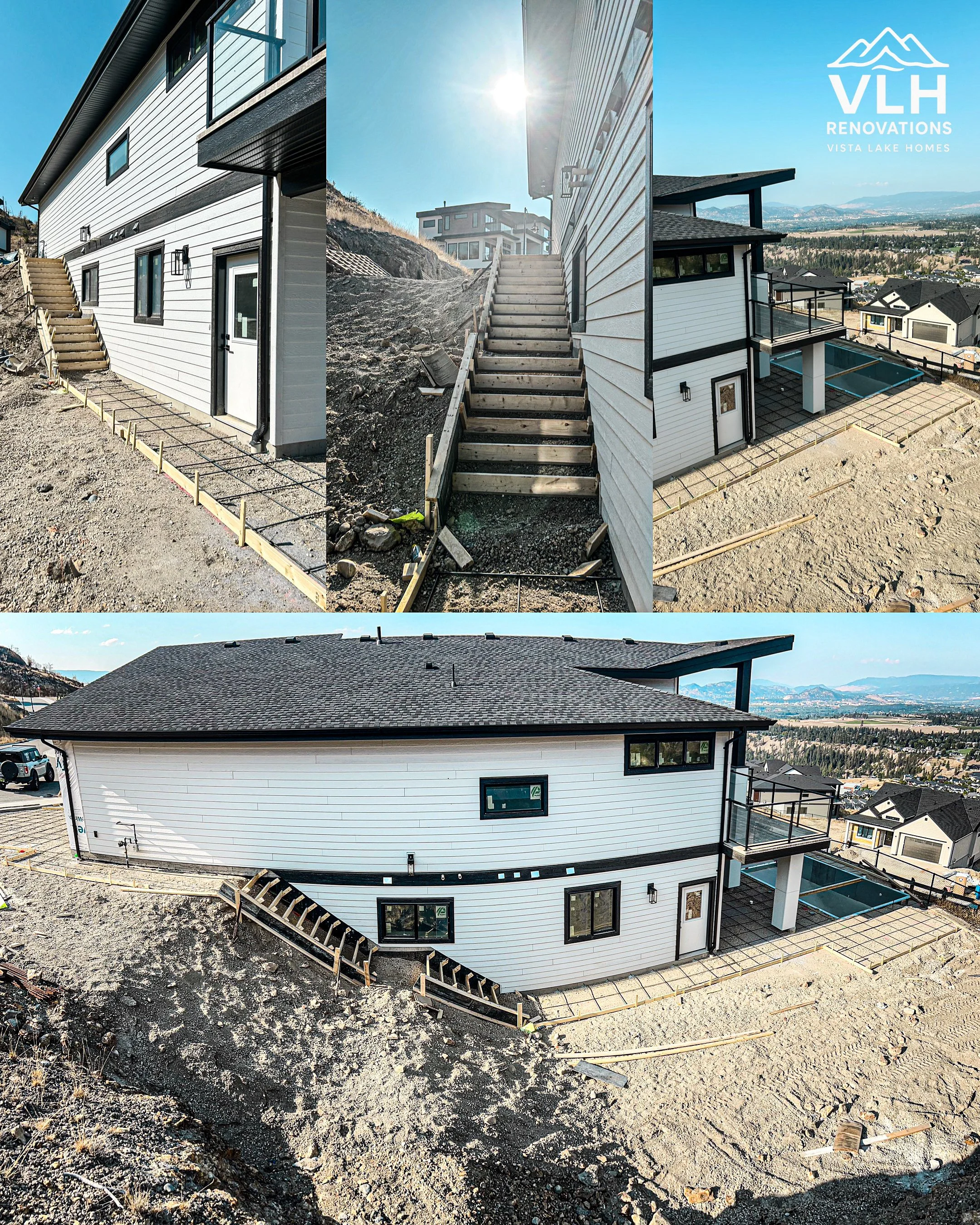 Photos of a house under construction with white siding, large windows, multiple levels, and a black roof, set on a slope with some construction materials and dirt around.