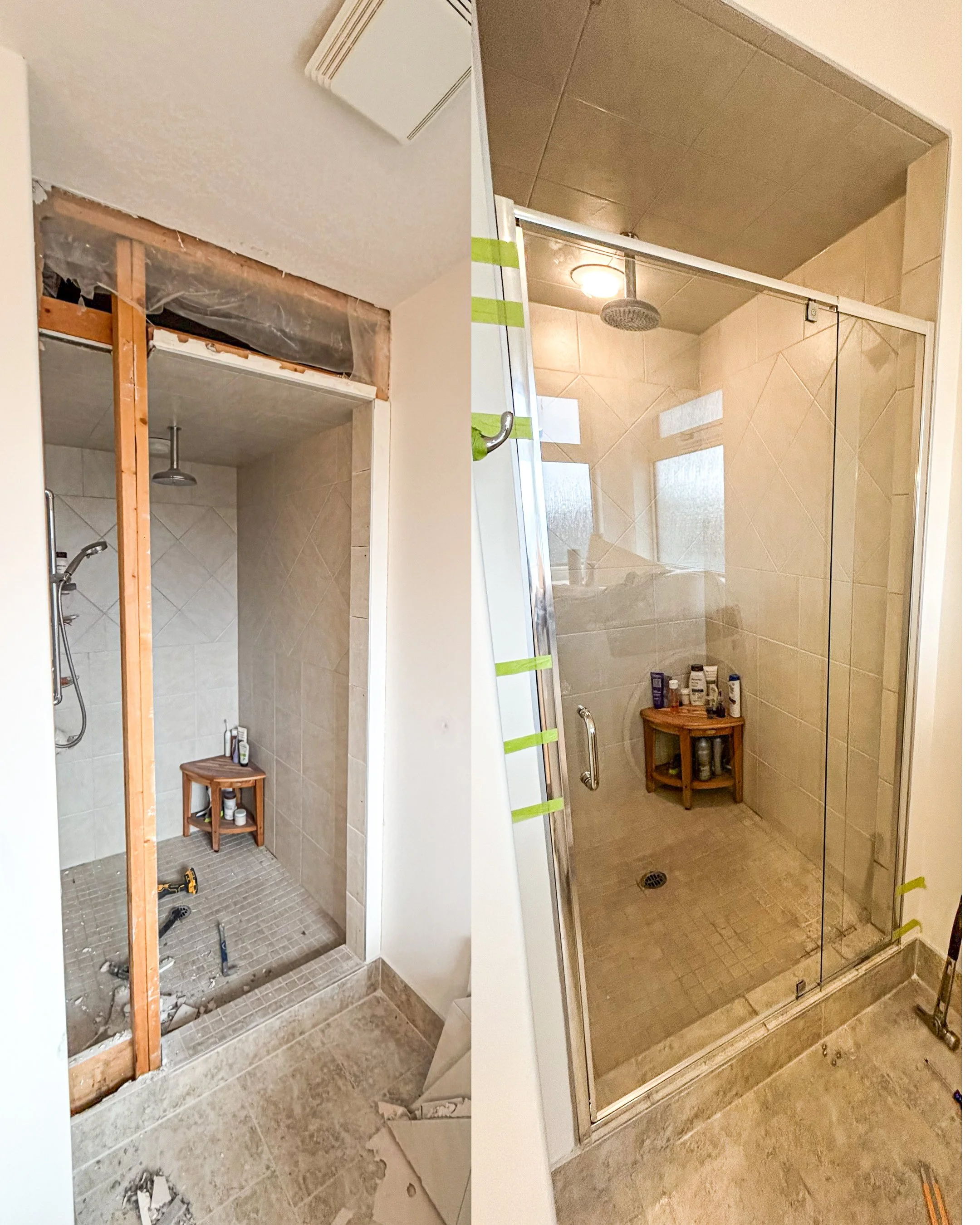 Side-by-side comparison of a bathroom shower area under renovation, before and after installation. The before image shows exposed wall framing, construction tools, and an incomplete shower with a small wooden shelf. The after image shows a finished, fully tiled shower with glass doors, a ceiling-mounted showerhead, and a small wooden shelf with toiletries.