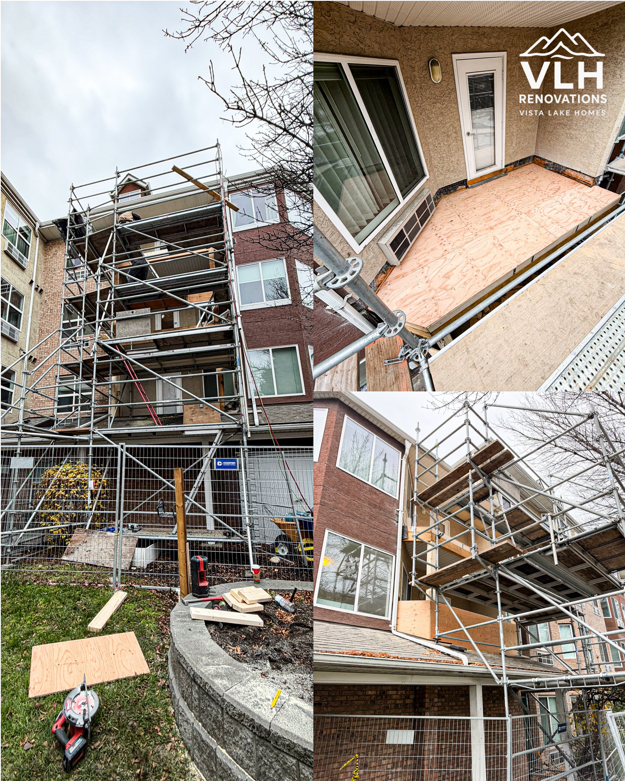 Construction workers working on scaffolding around a multi-story residential building. One close-up shows a small balcony with plywood flooring, a sliding door, and an air conditioning unit. Another part shows a partly constructed deck on the balcony, with construction tools and materials on the ground nearby.