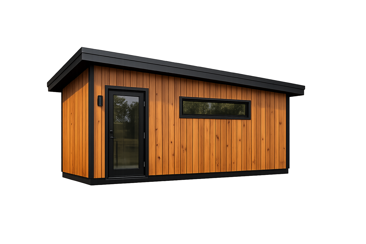 A modern tiny house with a wooden exterior, black door, and a long horizontal window, set against a blurred background of cityscape at night with purple and blue lighting.