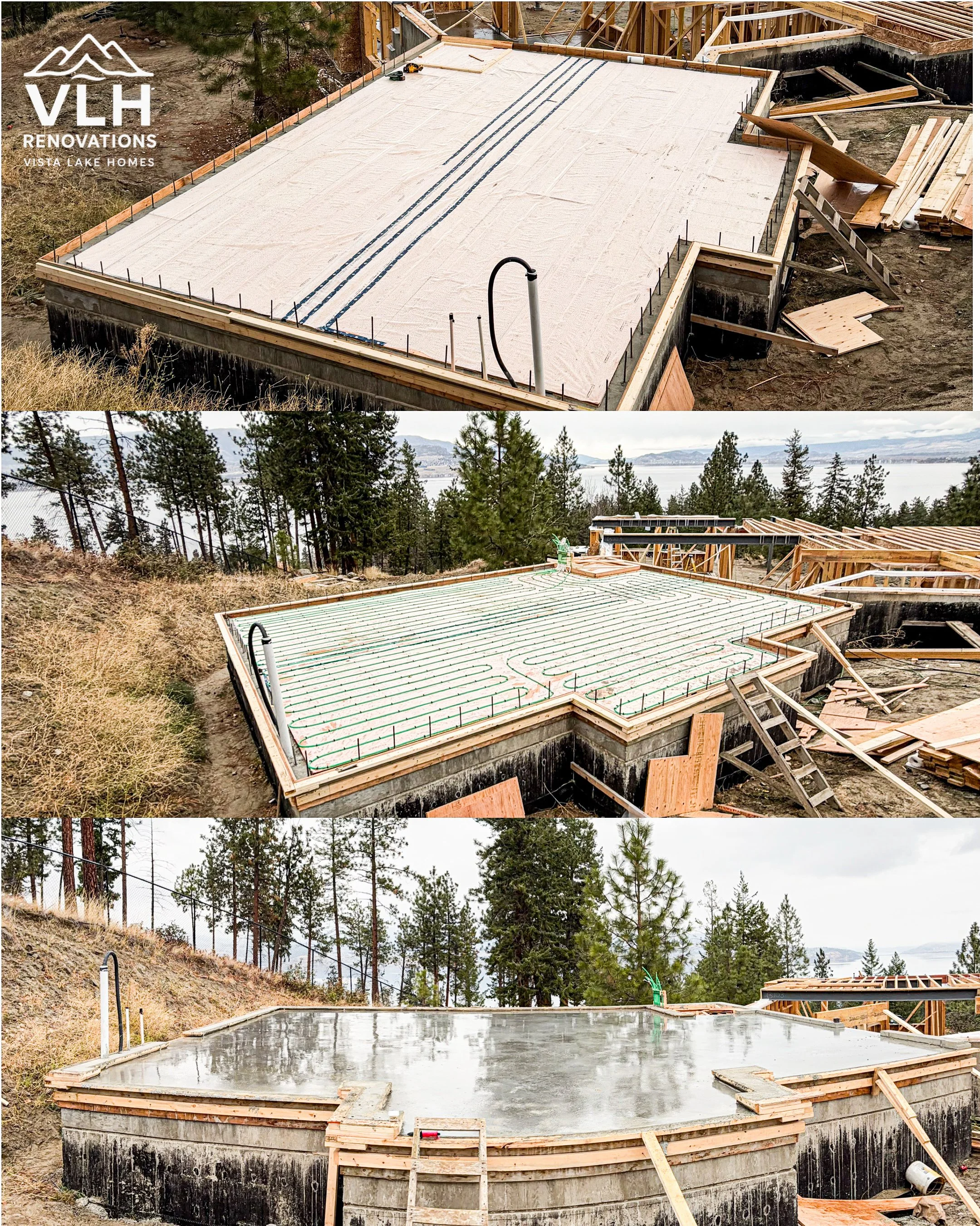 Construction site showing a building foundation with waterproofing layers, underfloor heating pipes, and a freshly poured concrete slab, near a forested area with water in the background.