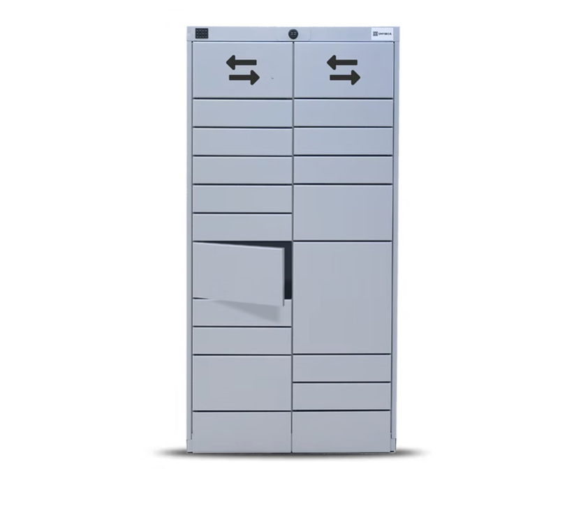Luggage locker with multiple compartments and directional arrows on top