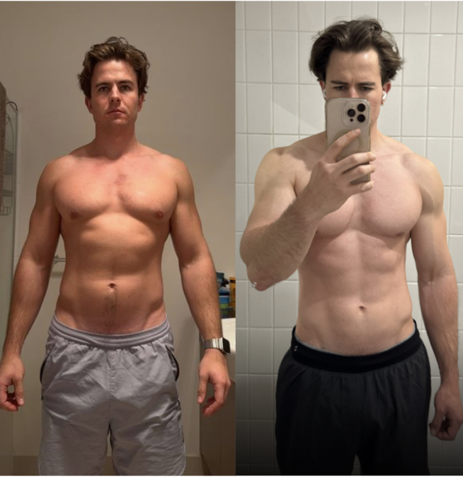 Side-by-side mirror photos of a young man taking a shirtless selfie, showing physical transformation. Left image shows him facing forward with a neutral expression, wearing gray shorts and a watch. Right image shows him in profile with a slight flex, wearing black shorts.