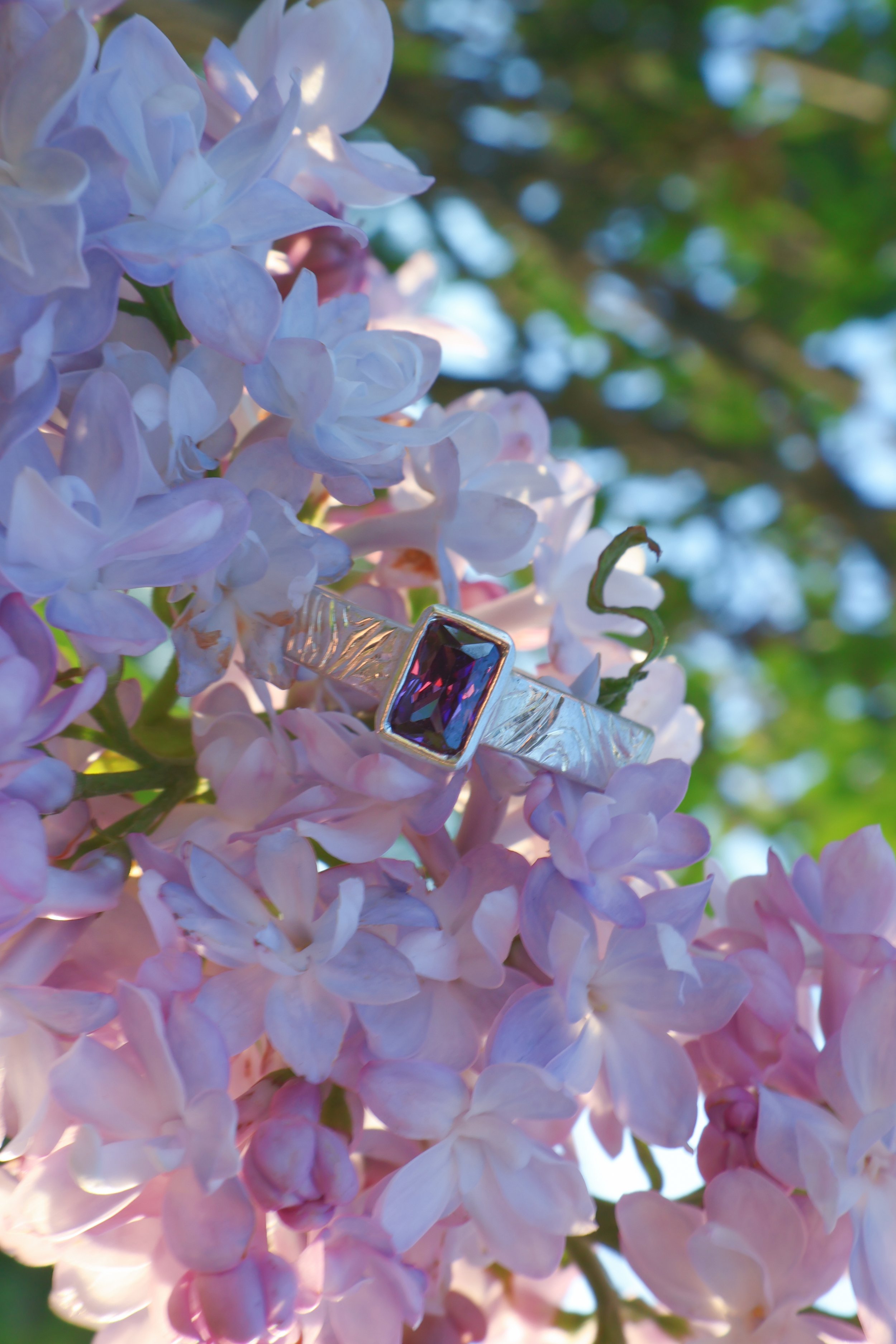Sterling Silver Hand Engraved Ring with Amethyst Octagon Cut CZ and Ruby Pear Cut CZ | Size 8