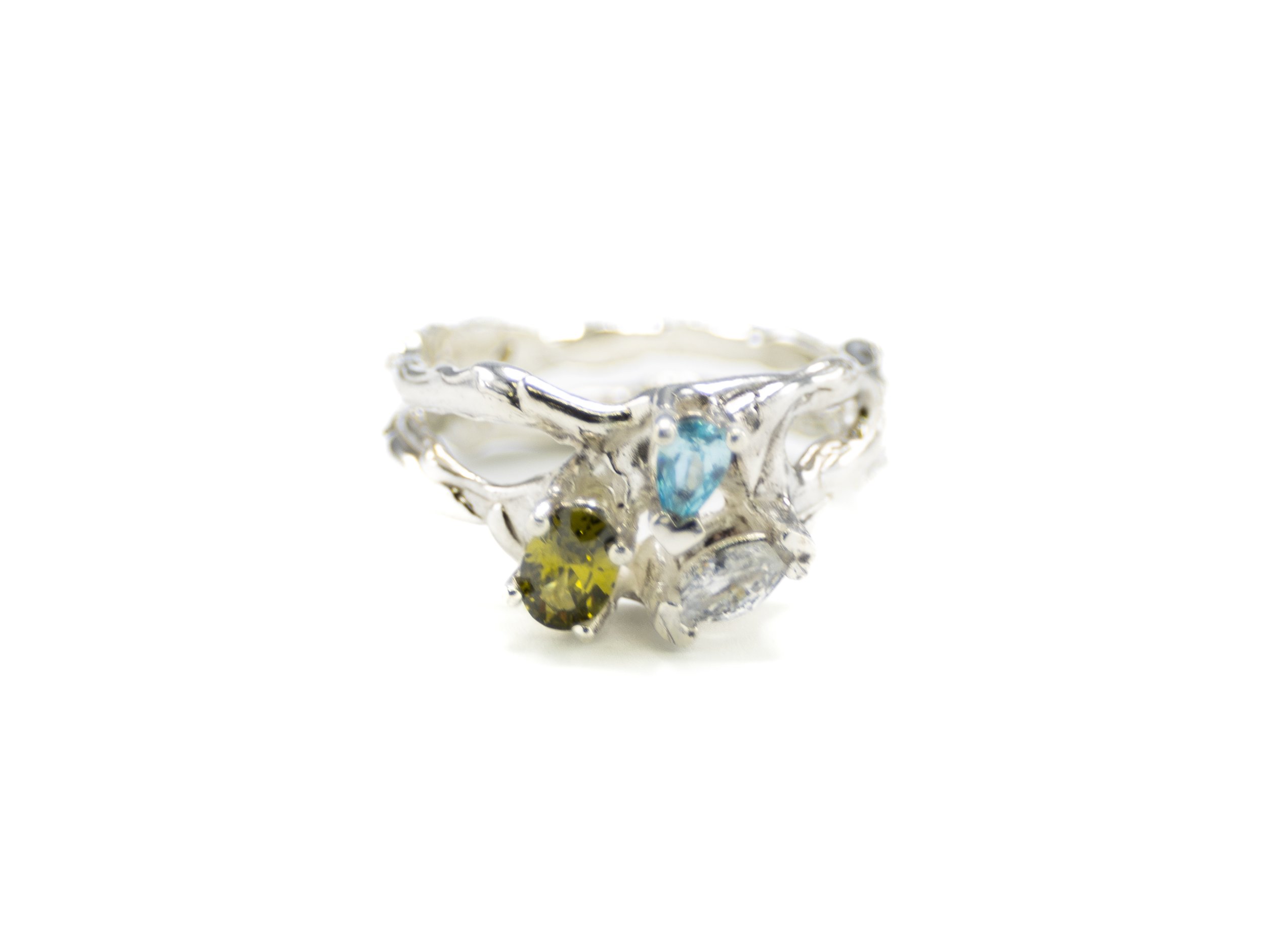 Sterling Silver Ring with White Baguette Cut CZ and Blue Pear CZ and Olive Oval Cut CZ | Size 7,5