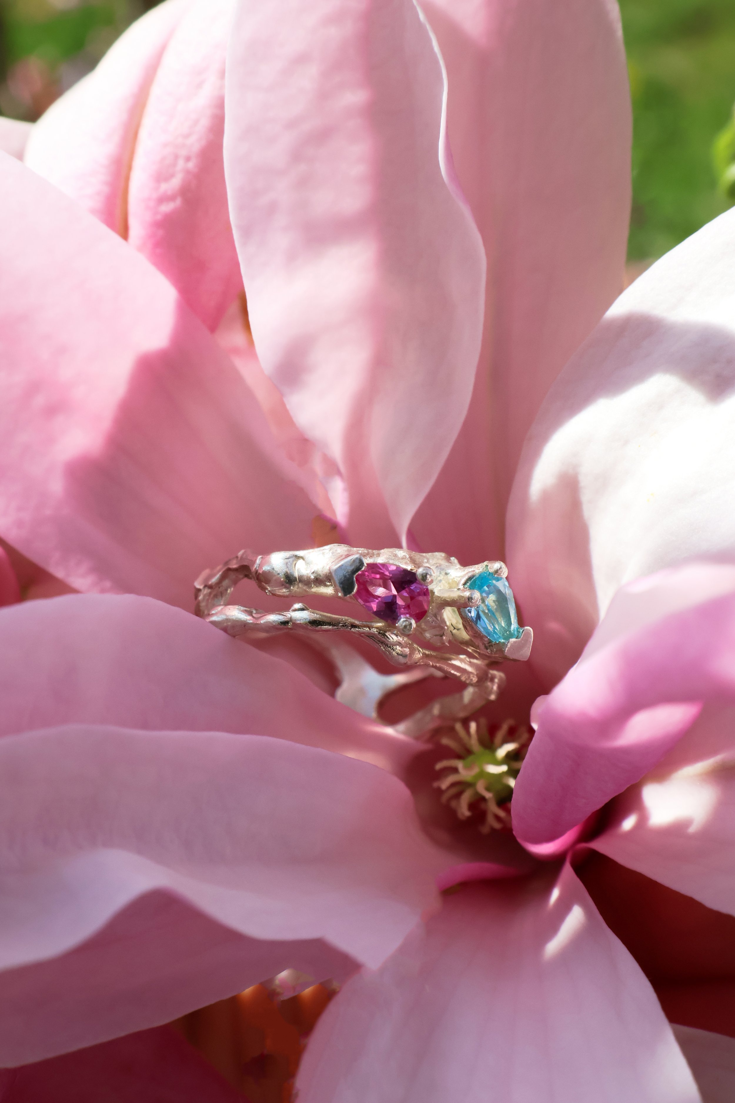 Sterling Silver Ring with Blue Pear Cut CZ and Ruby Pear Cut CZ | Artisan Design | Size 6
