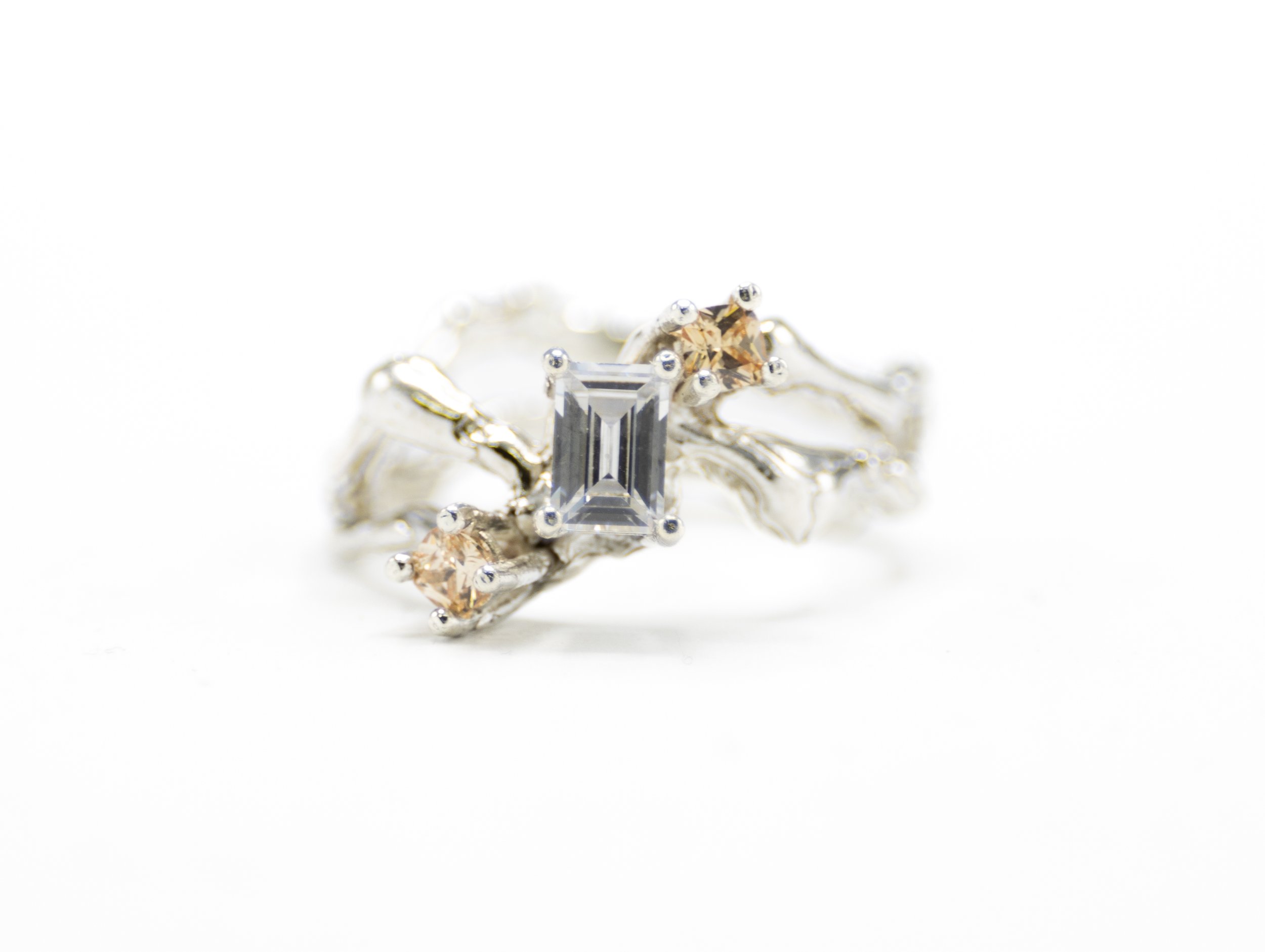 Sterling Silver Ring with White Baguette Cut CZ and Champagne Octangle Cut CZ | Size 8