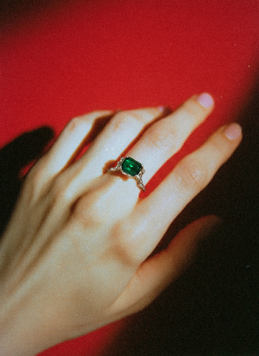 Sterling Silver Ring with Green Emerald Cut CZ | Size 9