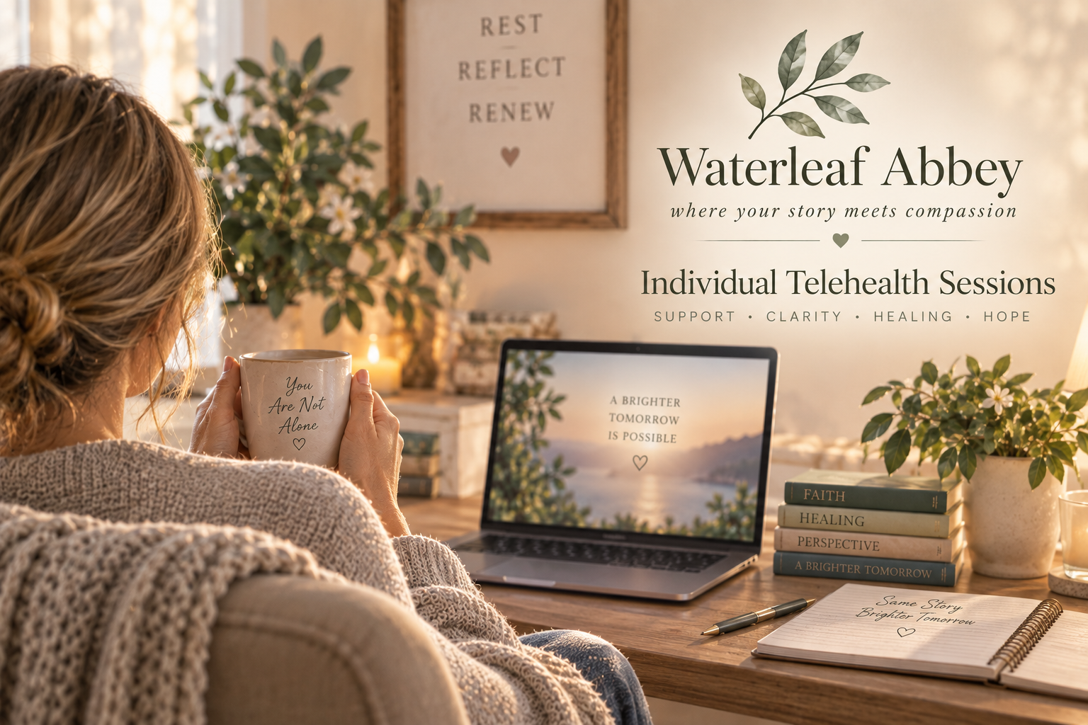 Woman with curly hair holding a mug that reads "You Are Not Alone", sitting at a desk with a laptop displaying a landscape scene and the phrase "A Brighter Tomorrow is Possible," and a stack of books, plants, and a notebook with handwritten notes in a cozy, well-lit room.