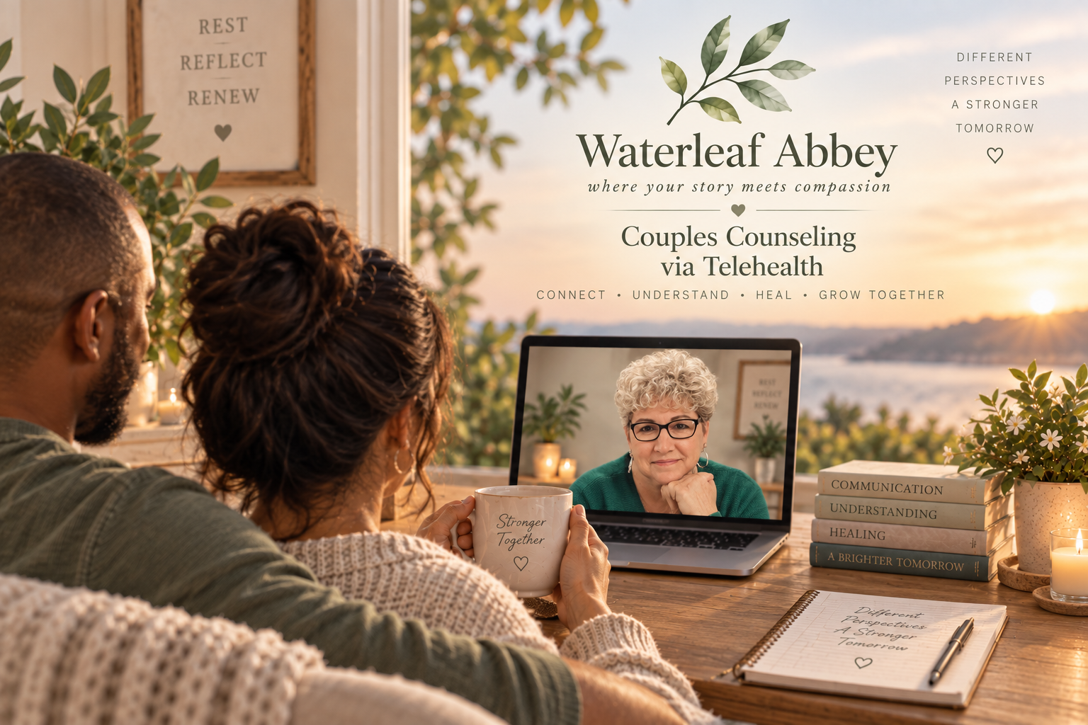 Couple participating in a telehealth counseling session with a counselor on a laptop, sitting at a wooden table decorated with potted plants, books, candles, and a notebook, during sunset by a large window with a view of the water and trees outside.