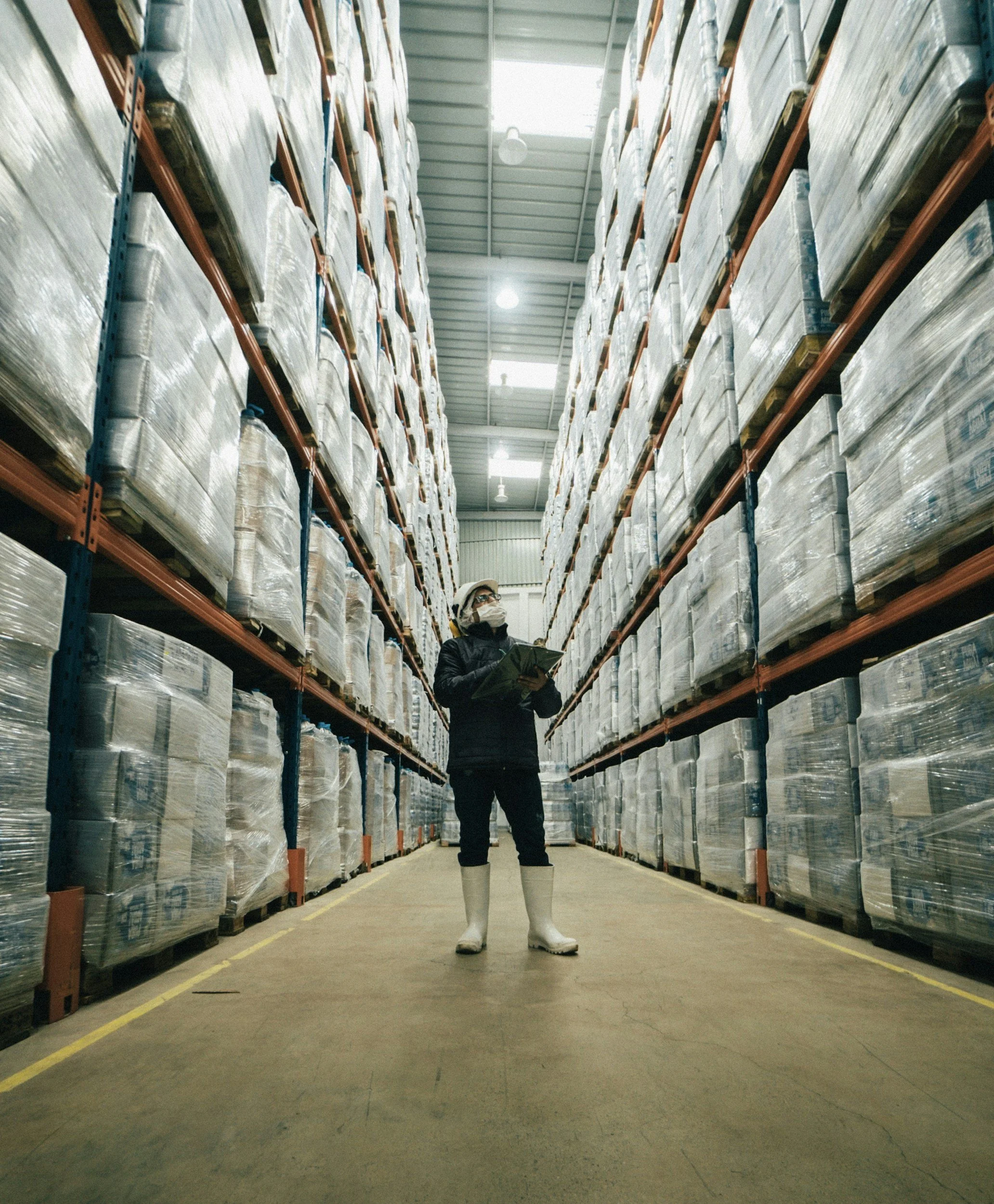 Person in protective clothing standing in a large warehouse aisle with tall stacks of pallets.