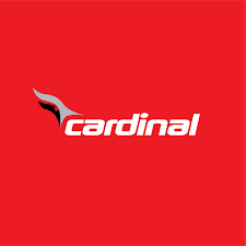 Cardinal logo with stylized bird design on red background.
