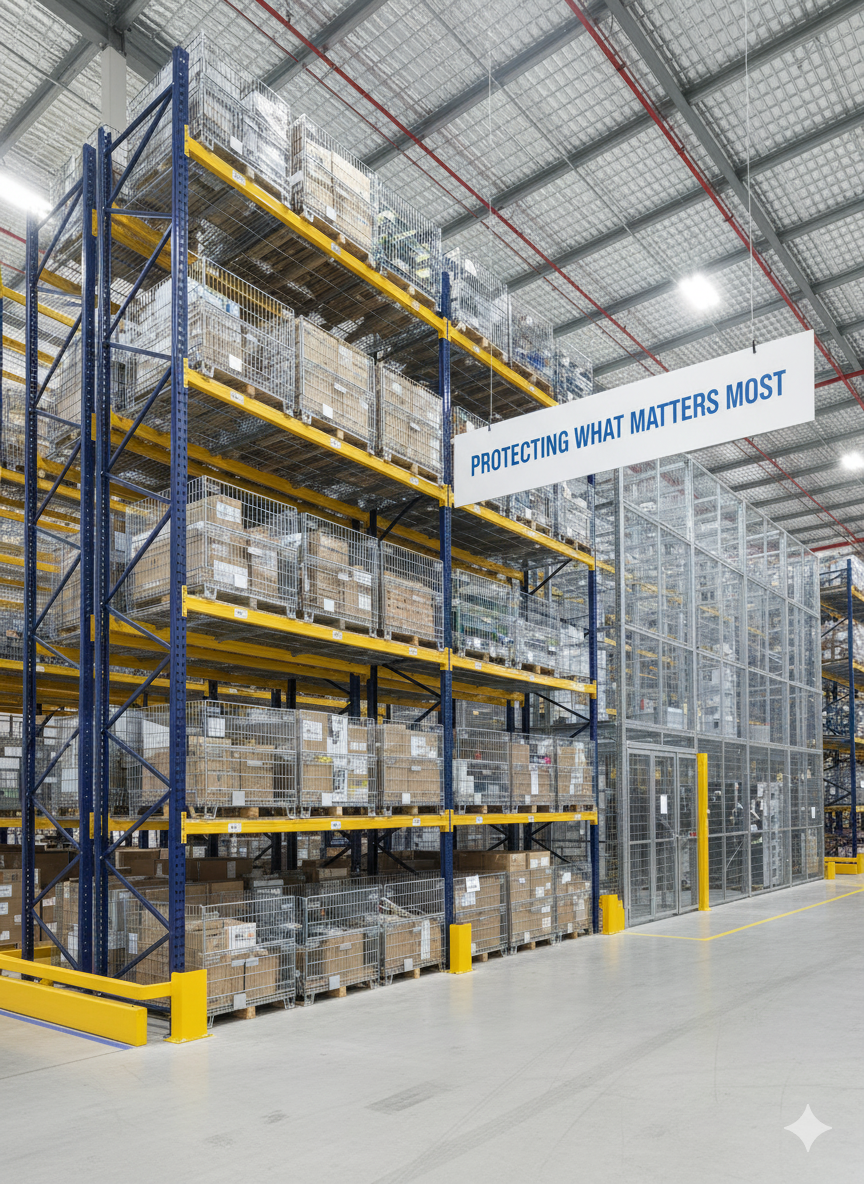 Warehouse aisle with tall shelving units filled with boxes and metal cages, with a sign that reads 'Protecting What Matters Most'.