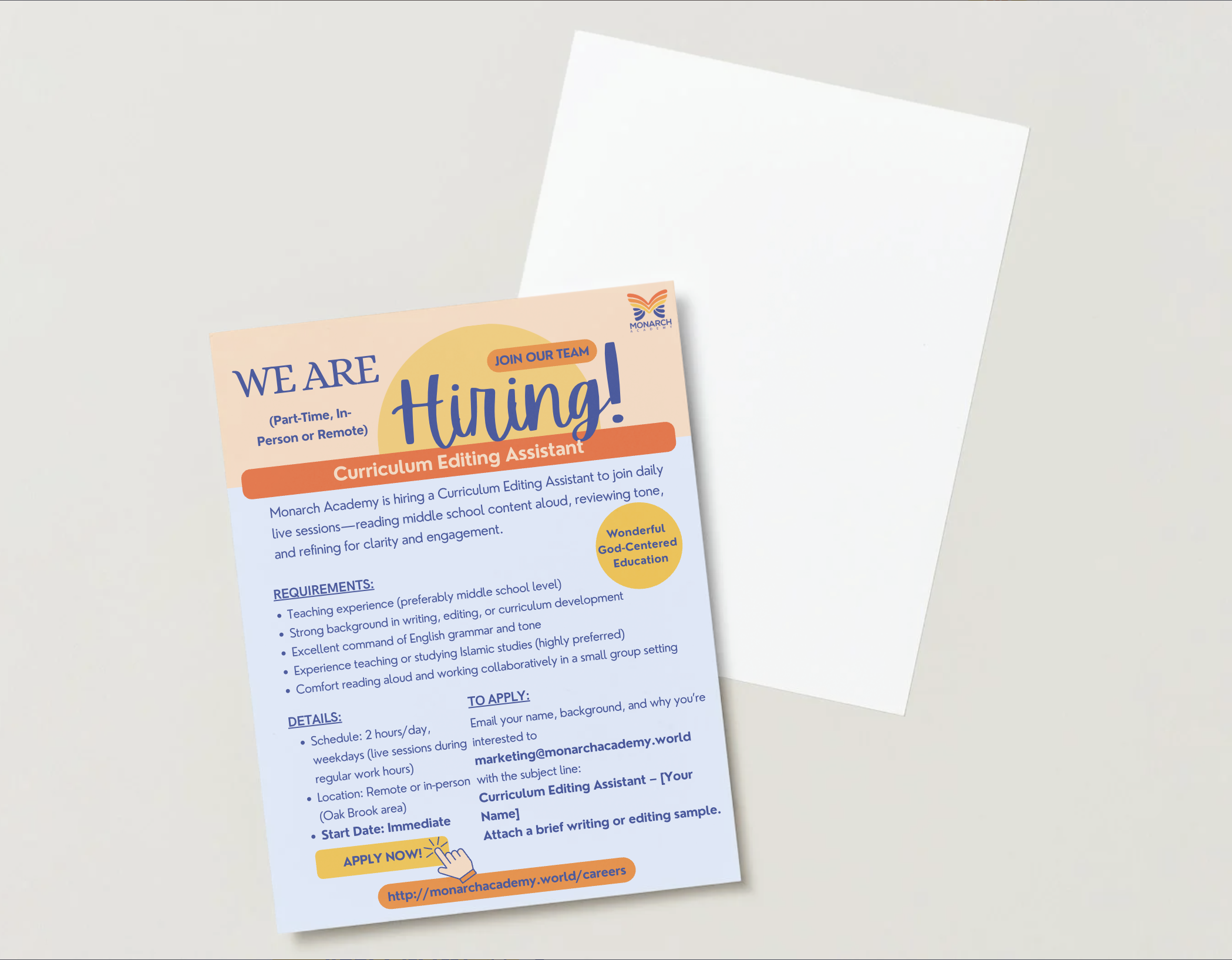 Job Flyer Design for Client – Monarch Academy
