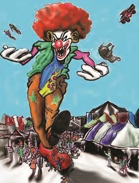 Cartoon clown with red hair, exaggerated makeup, holding a green puppet, surrounded by flying toy vehicles at a carnival or fair.