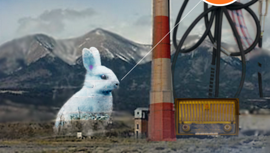 A composite image of a rabbit, a mountain landscape, and industrial equipment including a chimney, wire, and a yellow construction barrier.