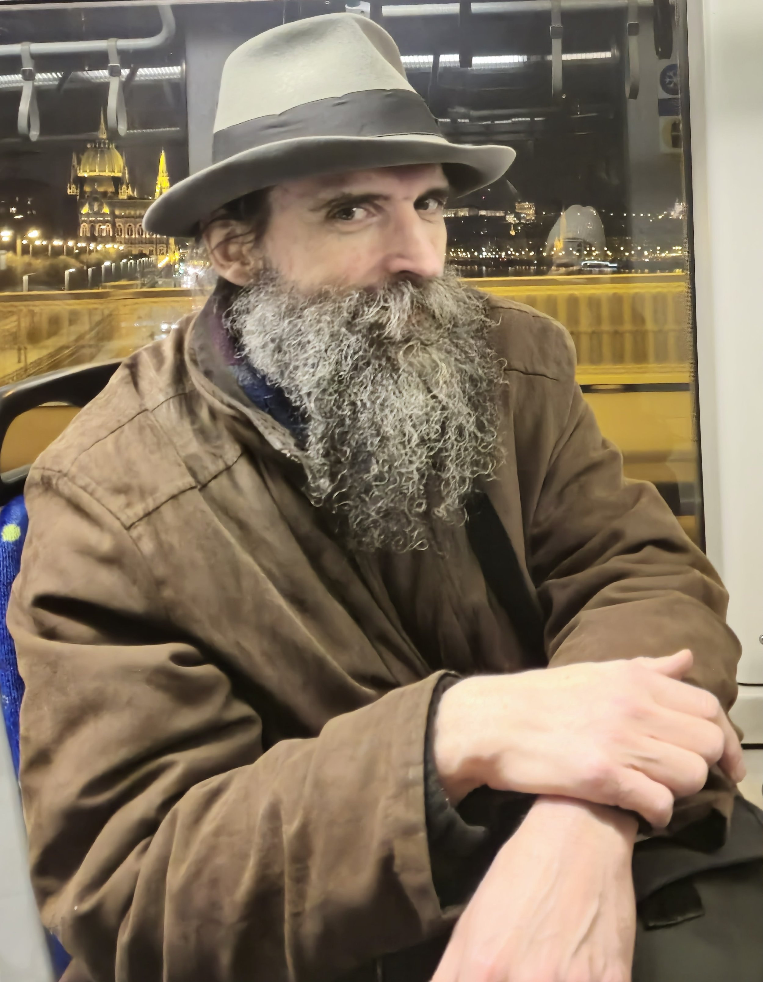 A man with a gray beard and wearing a gray fedora hat, brown jacket, and dark shirt sitting on a subway train with city lights visible through the window behind him.