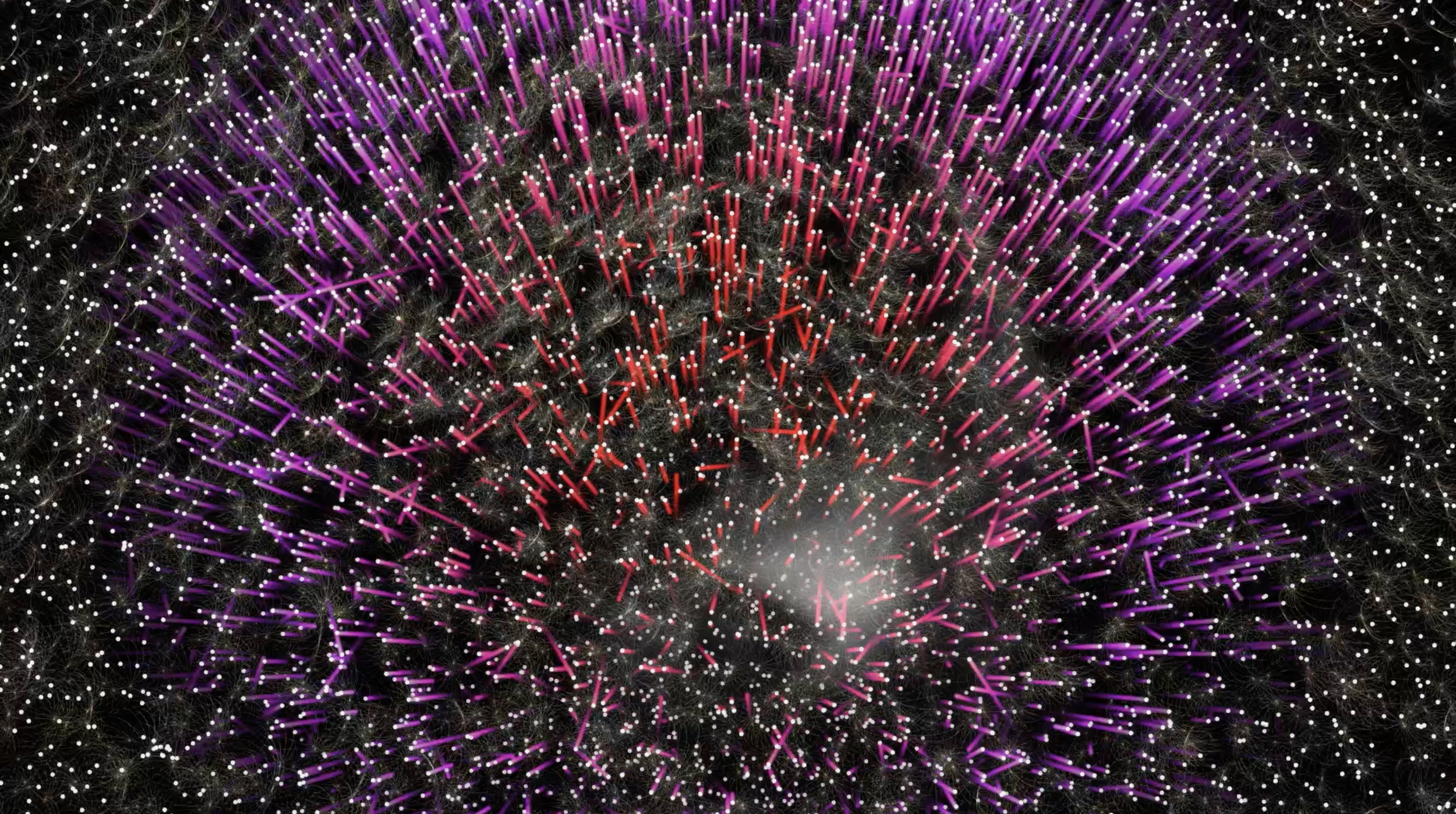 Colorful digital art of a firework explosion with red, purple, and white streaks against a dark background.
