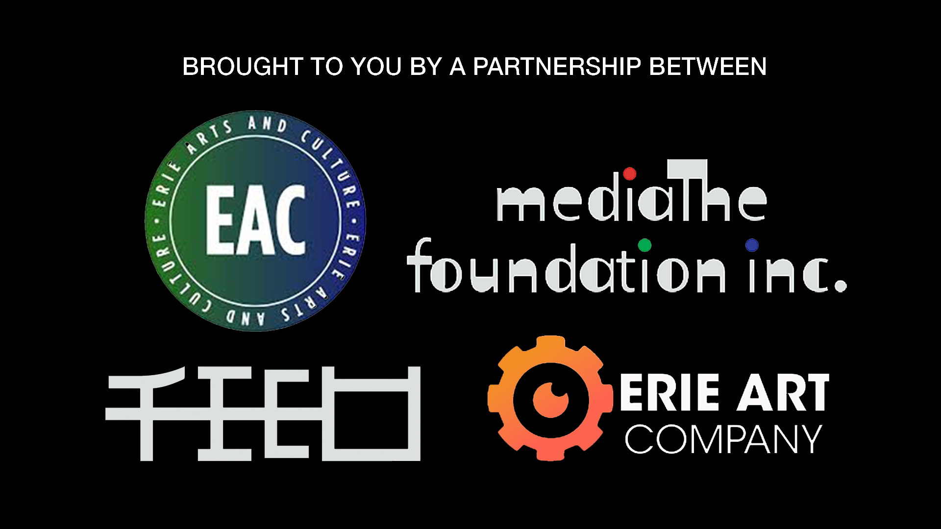 Image showing logos of Erie Arts and Culture, Medialite Foundation Inc., Erie Art Company, and a blank grid pattern on a black background.