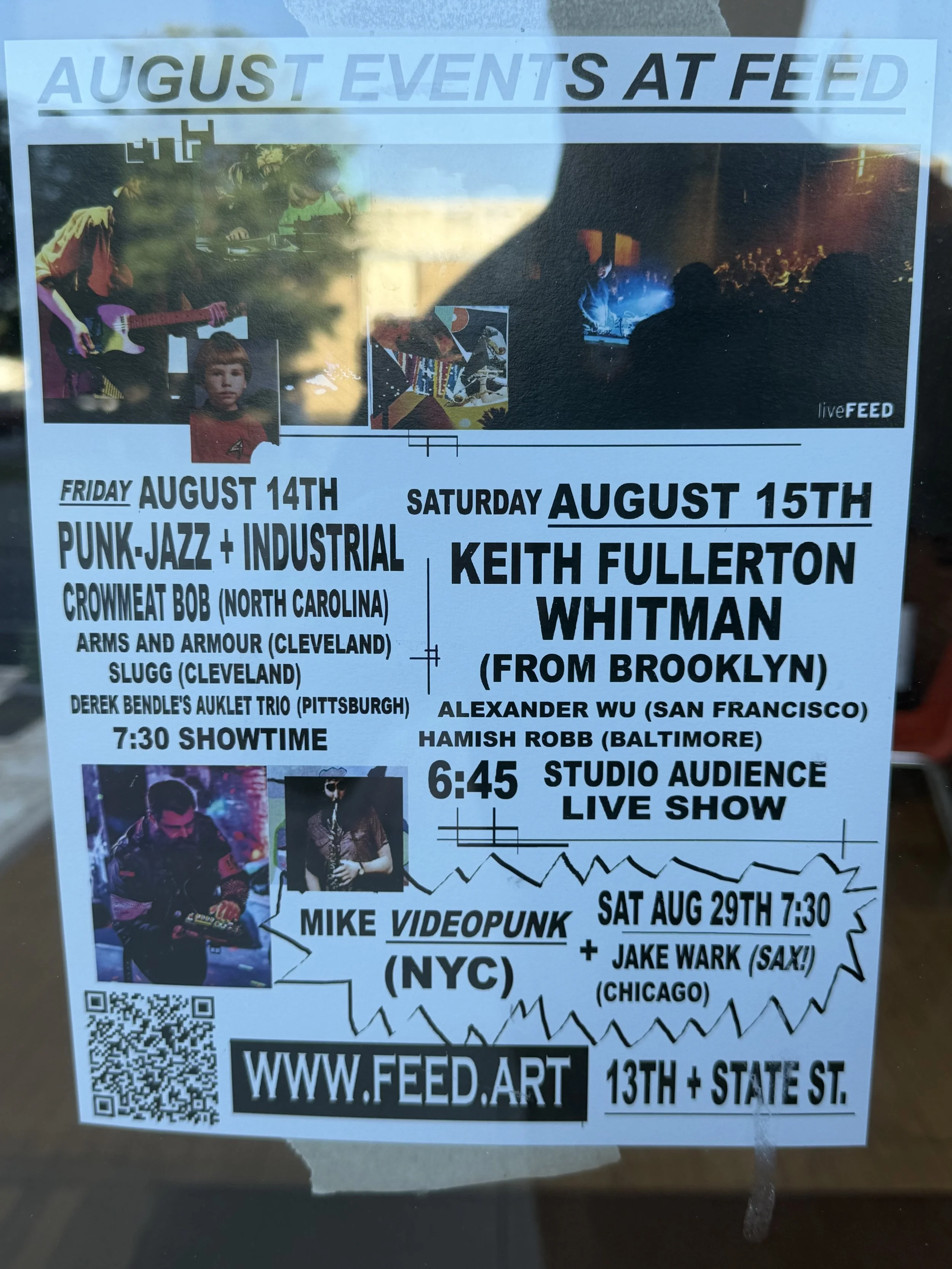 A poster advertising July and August events at Feed Art, showcasing various music performances and live shows, with dates, performers, and a website URL at the bottom.