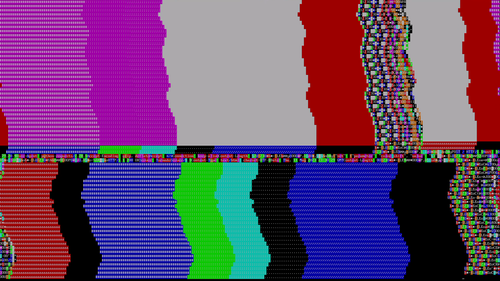 Digital glitch art with colorful horizontal and vertical lines, distorted and pixelated, in purple, gray, red, black, green, blue, and multicolored sections.